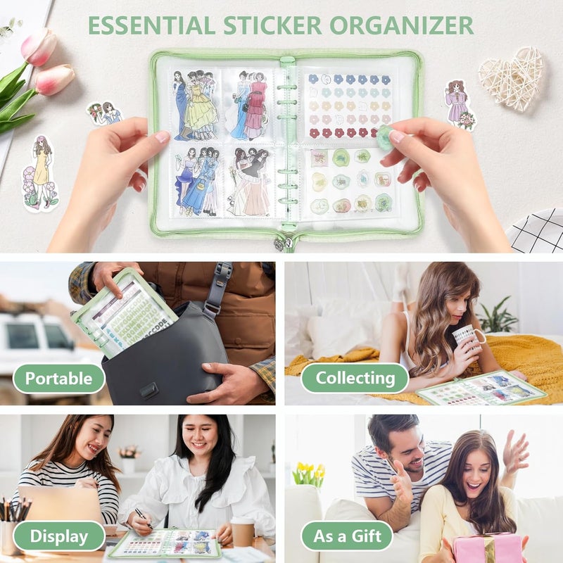 NOCAFI Sticker Organizer Binder Storage Book A5 Reusable Sticker Book Collecting Holder Display Album with 220 Pockets and Zipper Closure (Green) - Image 4